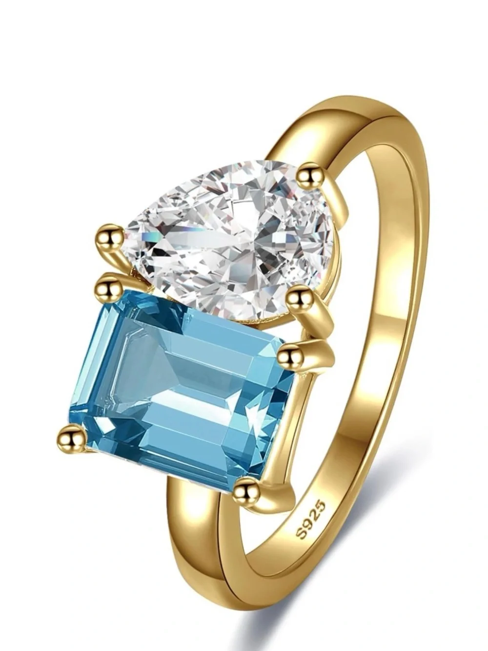 14K Gold Plated 925 Silver Toi Et Moi Aquamarine Ring 1.5ct Size 5-9